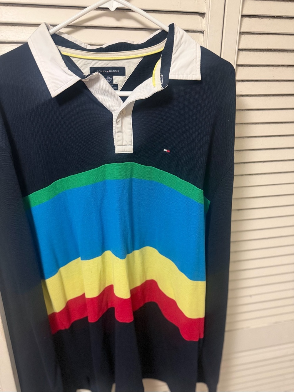 Tommy Hilfiger Navy Rugby Shirt with Green Blue Yellow Red Stripes